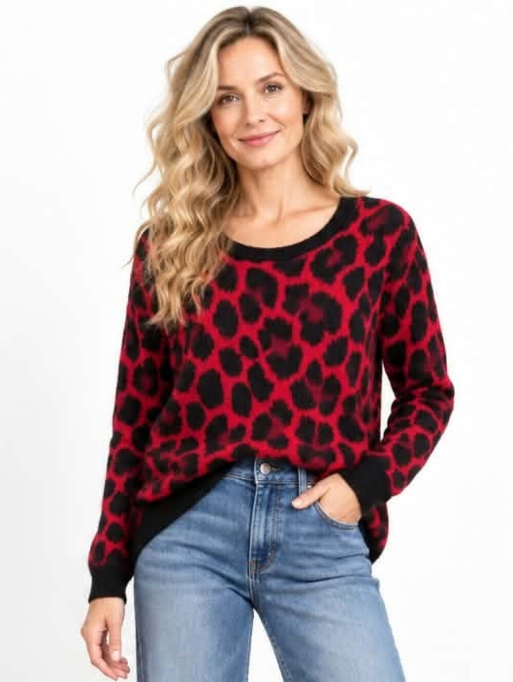 Apt. 9 Petite M Red Black Leopard Print Fuzzy Knit Sweater Animal Print